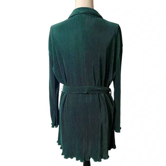 Papermoon Emerald Green Plissé Pleated Shirt Dress Belted Ruffle Hem Long Sleeve - Picture 9 of 16